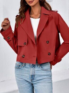 Tankaneo Womens Cropped Trench Coat Lapel Double Short Jacket Outwear Oversized